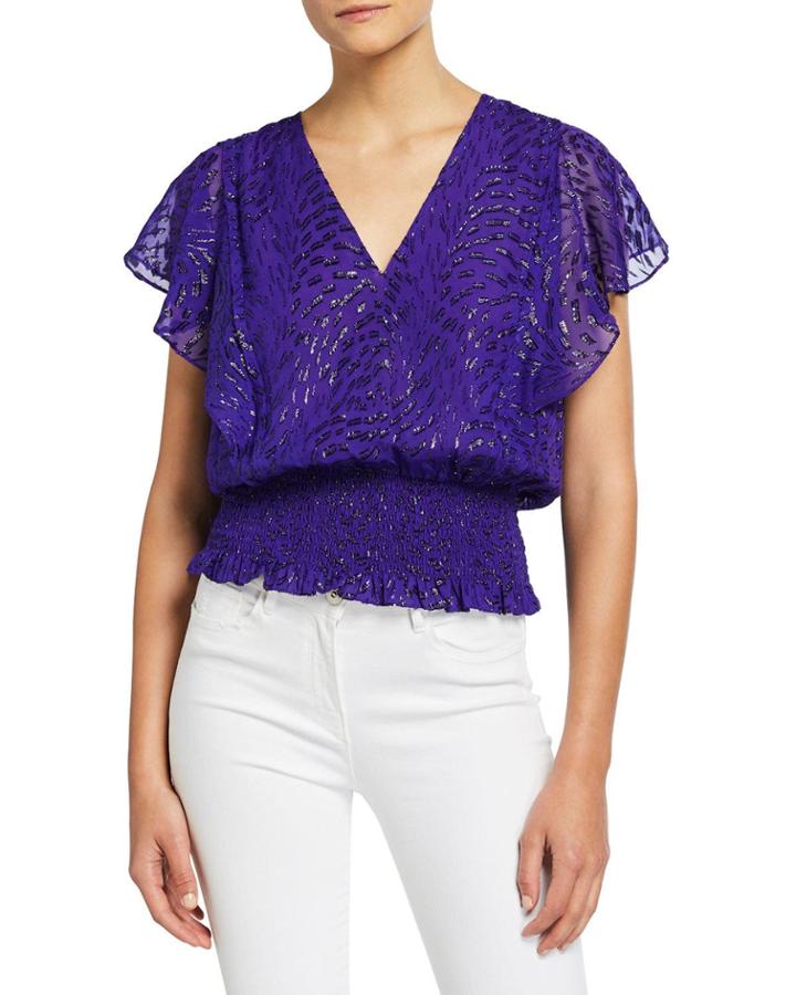 Lynette Metallic Flutter-sleeve Smocked-hem Top