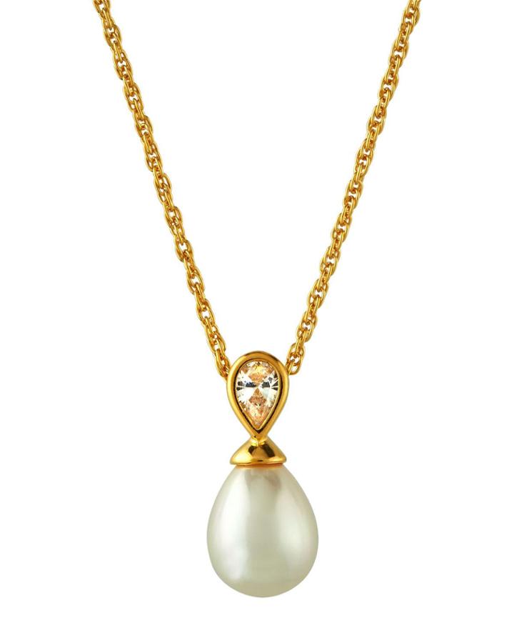 Cubic Zirconia Pear & 12mm Pearly Pendant Necklace