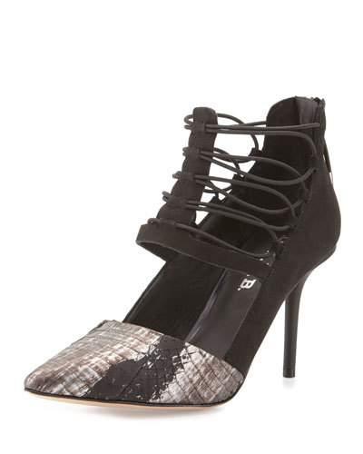 May Snake-embossed Caged Pump, Black/gunmetal