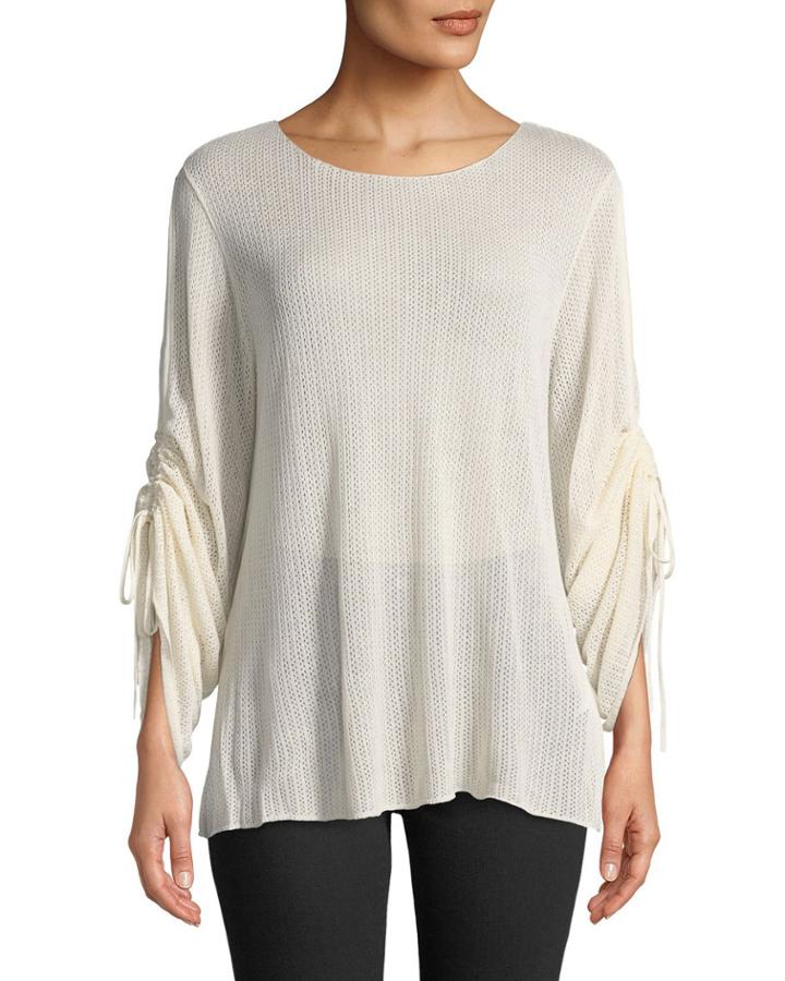 Gathered-sleeve Waffle-knit Blouse