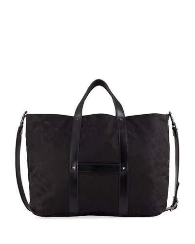 Leaf-embossed Fabric Tote Bag, Black