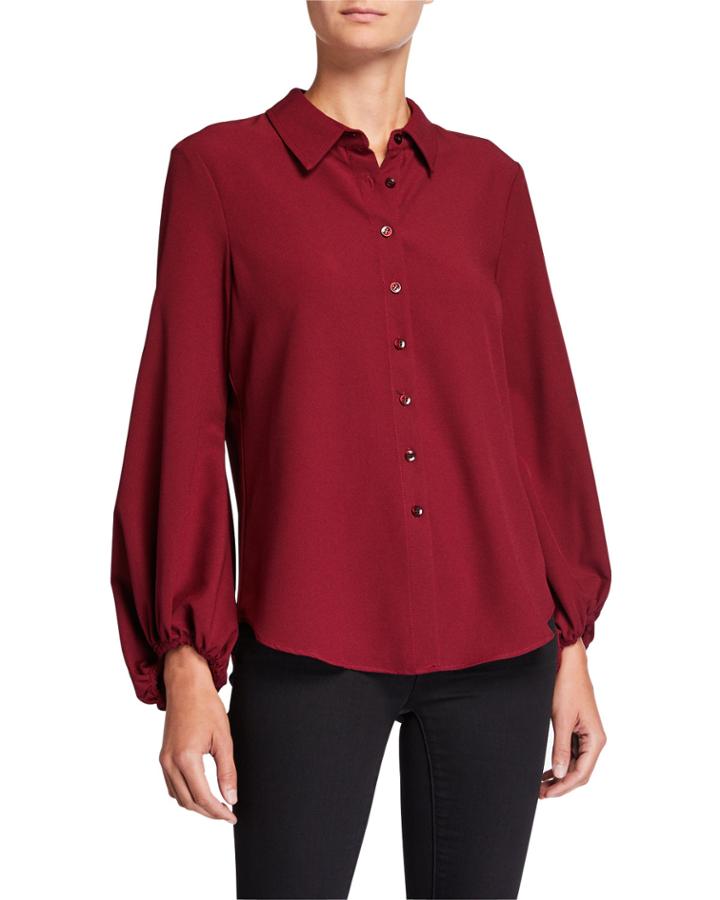 Button-down Blouson-sleeve Crepe Blouse
