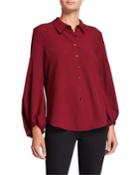 Button-down Blouson-sleeve Crepe Blouse