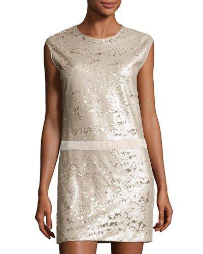 Cap-sleeve Sequined Shift Dress, Beige