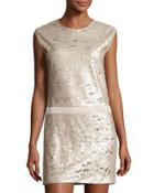 Cap-sleeve Sequined Shift Dress, Beige