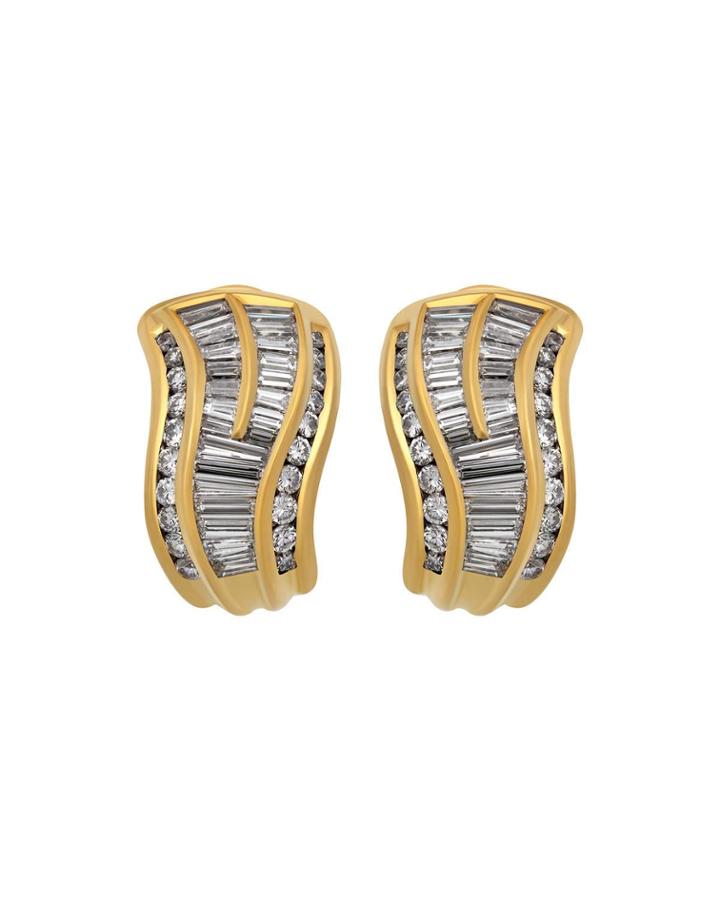 Estate Bibigi 18k Wavy Diamond Baguette Huggie Earrings