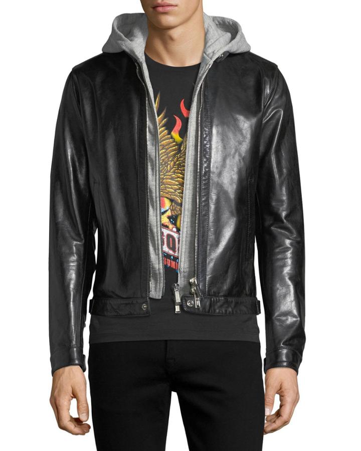 Leather Racer Jacket With Detachable Hoodie