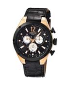 Men's 44mm Stainless Steel Tachymeter Chronograph Watch With Leather Strap, Black/golden
