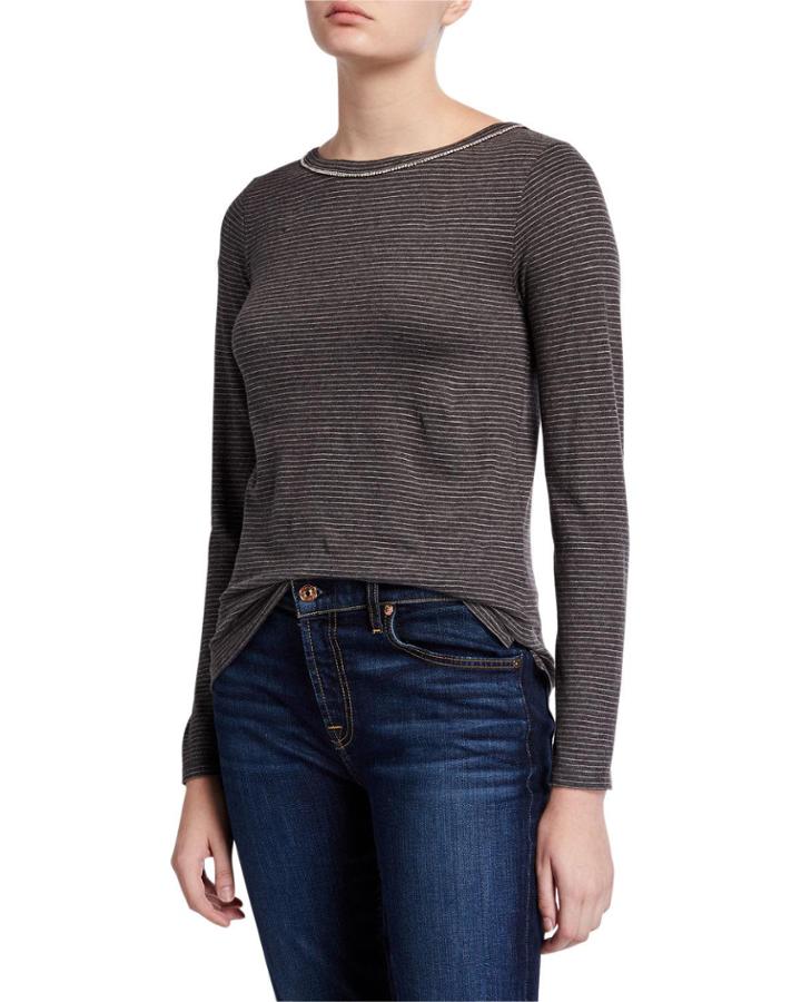 Striped Boat-neck Long-sleeve Tee With Crystal Embellishment