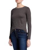 Striped Boat-neck Long-sleeve Tee With Crystal Embellishment