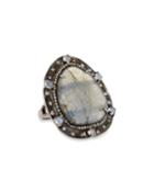 Silver Oval Ring With Labradorite & Diamonds,