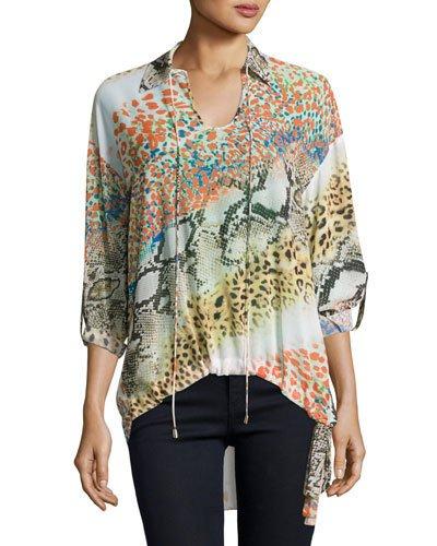 High-low Graphic-print Blouse, Orange Pattern