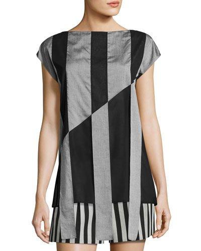 Striped Cap-sleeve Tunic Blouse, Black/gris
