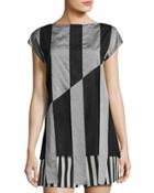 Striped Cap-sleeve Tunic Blouse, Black/gris