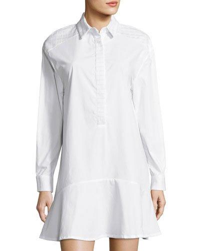 Water Textured-shoulder Flounce Shirtdress, White
