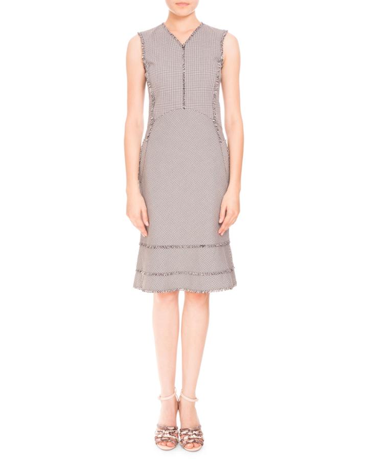 Doe Sleeveless Mini-gingham Fringe Dress, Black/white