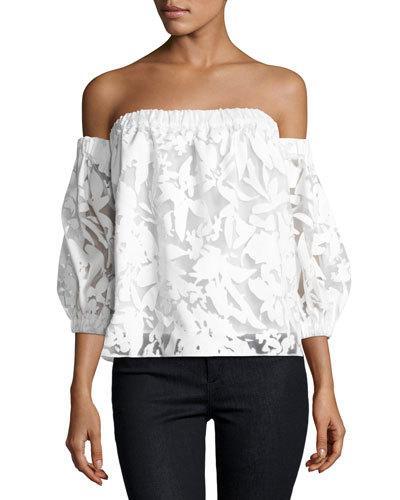 Off-the-shoulder Floral-burnout Blouse, White