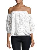 Off-the-shoulder Floral-burnout Blouse, White