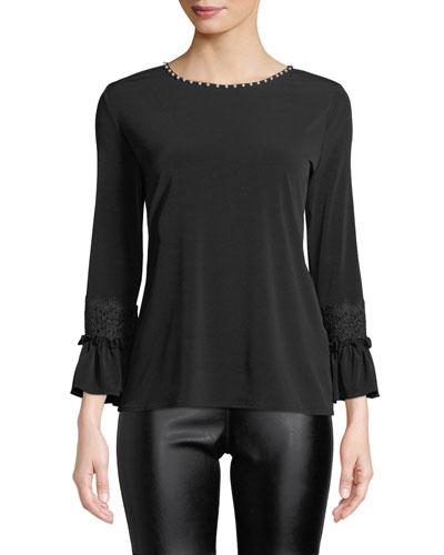 Pearlescent-trimmed Bell-cuff Blouse, Black
