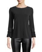 Pearlescent-trimmed Bell-cuff Blouse, Black
