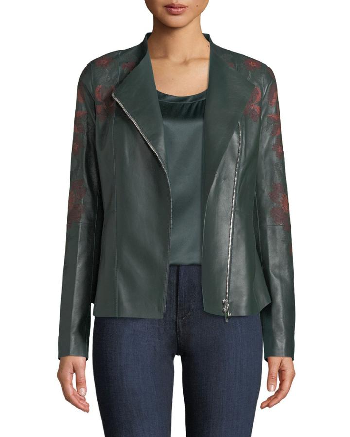 Aimes Zip-front Floral-embroidered Lambskin