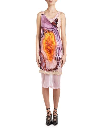 Agate-print Sleeveless Lace-back Dress, Purple