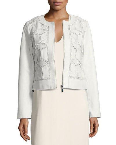 Crocheted Cropped Leather Jacket, White