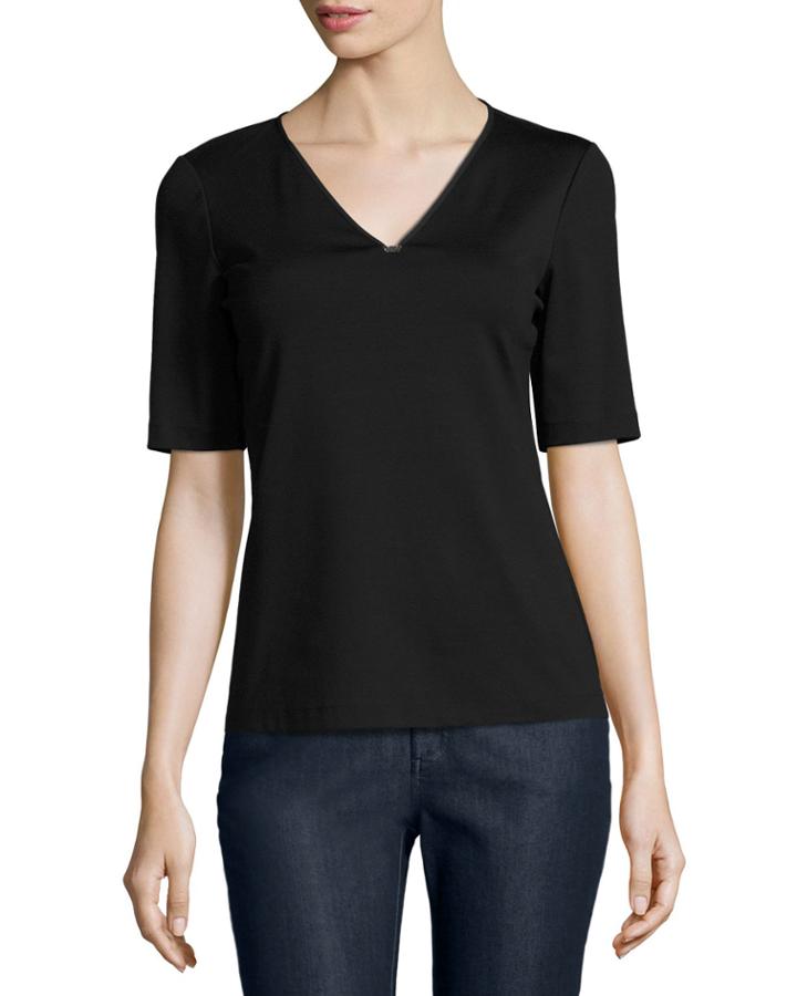 Short-sleeve V-neck Stretch-cotton Top W/ Chain Detail