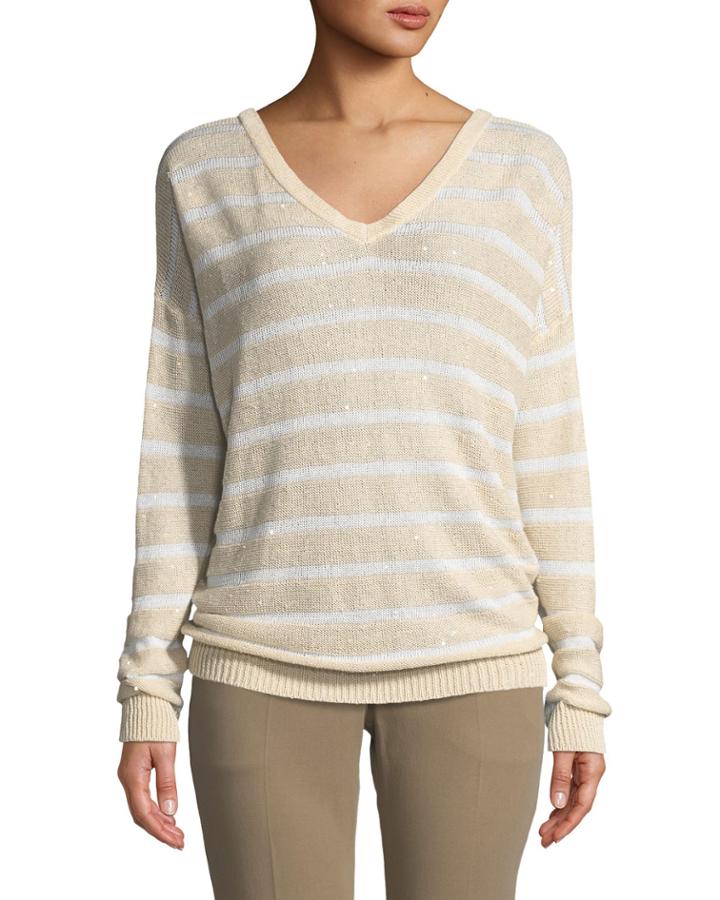 Sailor-striped Shimmer-knit V-neck