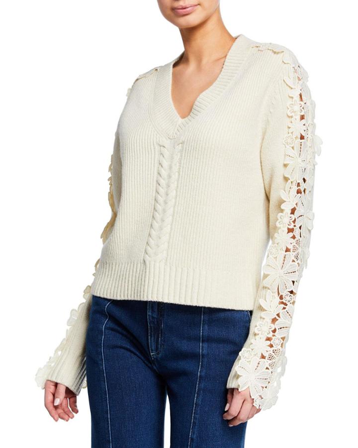 Lace-trim V-neck Pullover