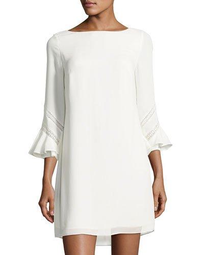 Lace-inset Ruffle-sleeve Shift Dress, White