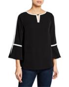 Bell-sleeve Keyhole Blouse W/ Piping