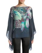 Fluid-sleeve Exotic Floral-print Silk Georgette Caftan Blouse