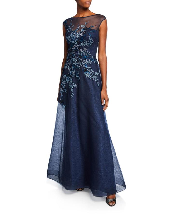 Embellished Bateau-neck Cap-sleeve A-line Gown