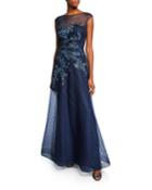 Embellished Bateau-neck Cap-sleeve A-line Gown