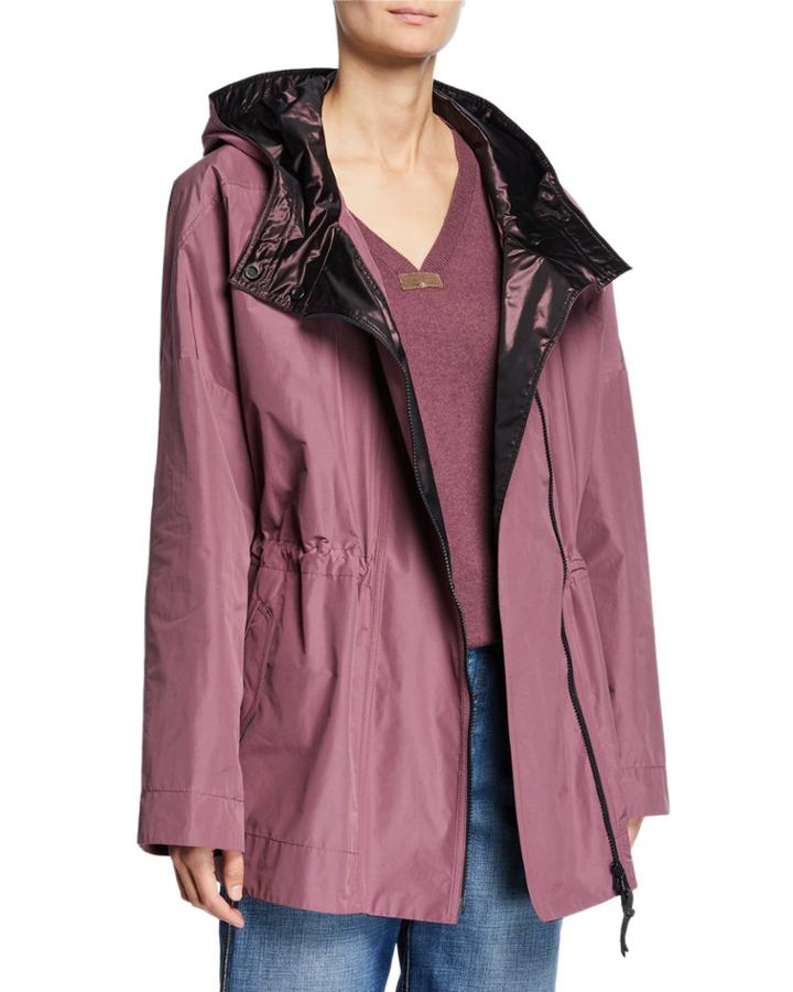 Taffeta Satin-hooded Cinched-waist Anorak Jacket