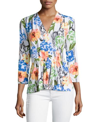 3/4-sleeve Floral-print Blouse, Rope Flora