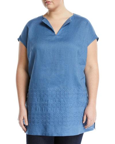 Summer Short-sleeve Embroidered Linen Blouse, Medium Blue,
