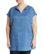 Summer Short-sleeve Embroidered Linen Blouse, Medium Blue,