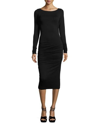 Long-sleeve Twisted-side Dress, Black