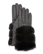 Leather Banded-fur Gloves, Black