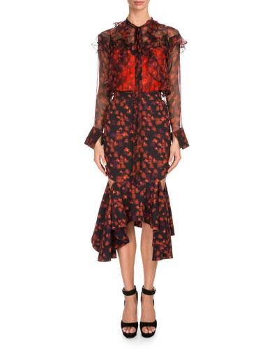 Long-sleeve Floral-print Chiffon Top, Red