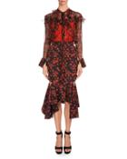 Long-sleeve Floral-print Chiffon Top, Red