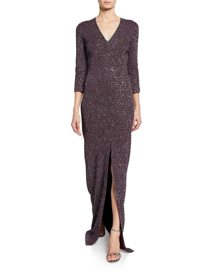V-neck Fine Sequin Tweed Gown With Front