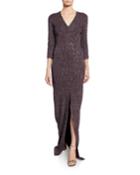 V-neck Fine Sequin Tweed Gown With Front