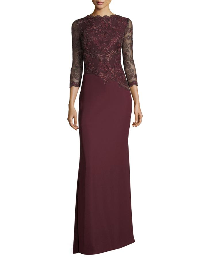 Illus Long-sleeve Illusion Evening Gown