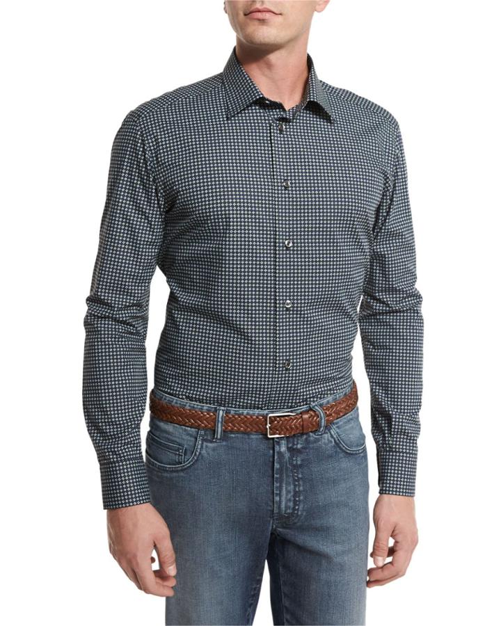 Geometric-print Sport Shirt, Navy Blue/green