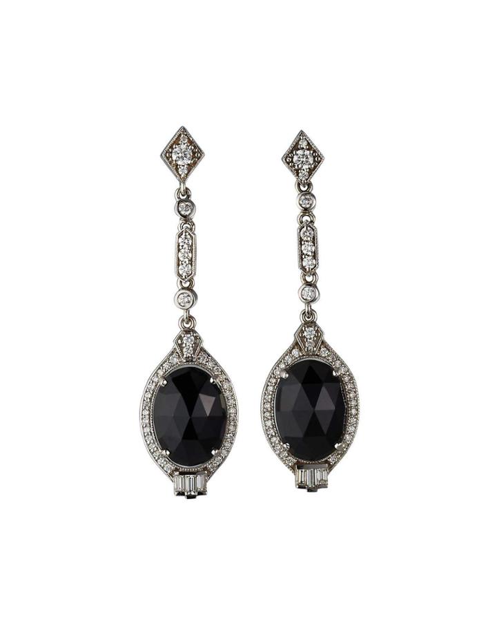 18k White Gold Black Spinel Oval Dangle Earrings