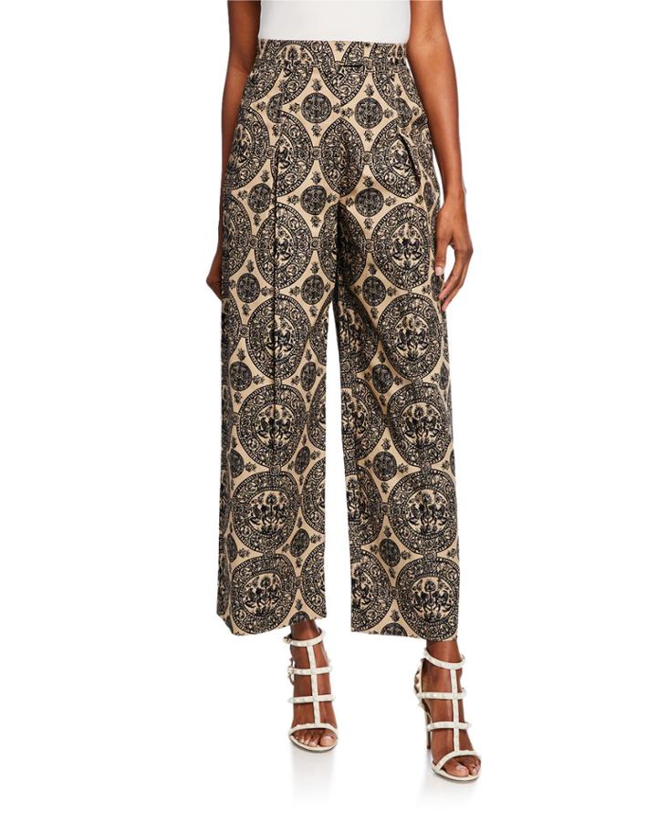 Printed High-waist Pleated Cropped Pants