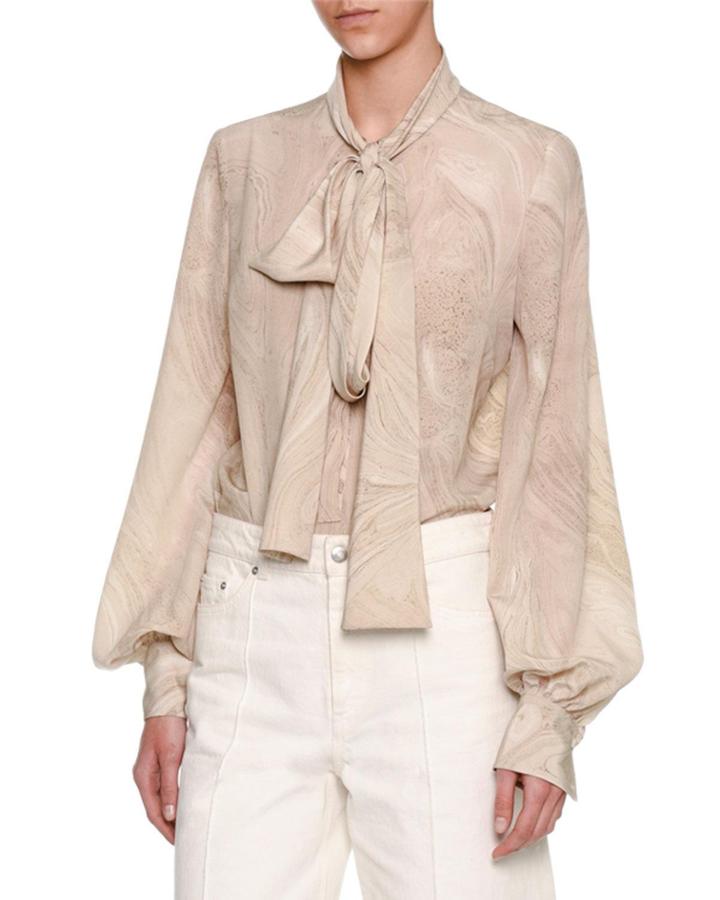 Marble-print Tie-neck Blouse, Gray